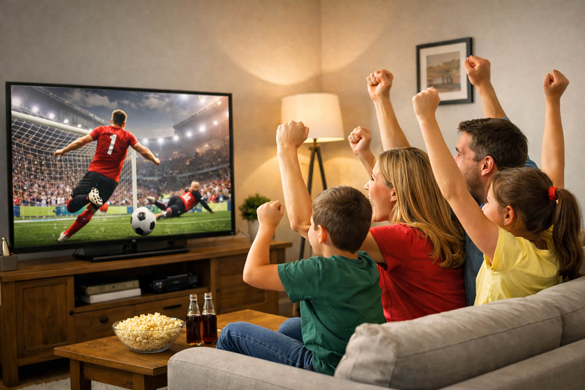 A family gathered together watching soccer on TV.