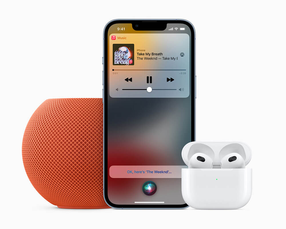 Apple Music Voice shown with an HomePod mini, AirPods, and an iPhone