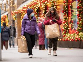 Holiday shoppers walking down the street.