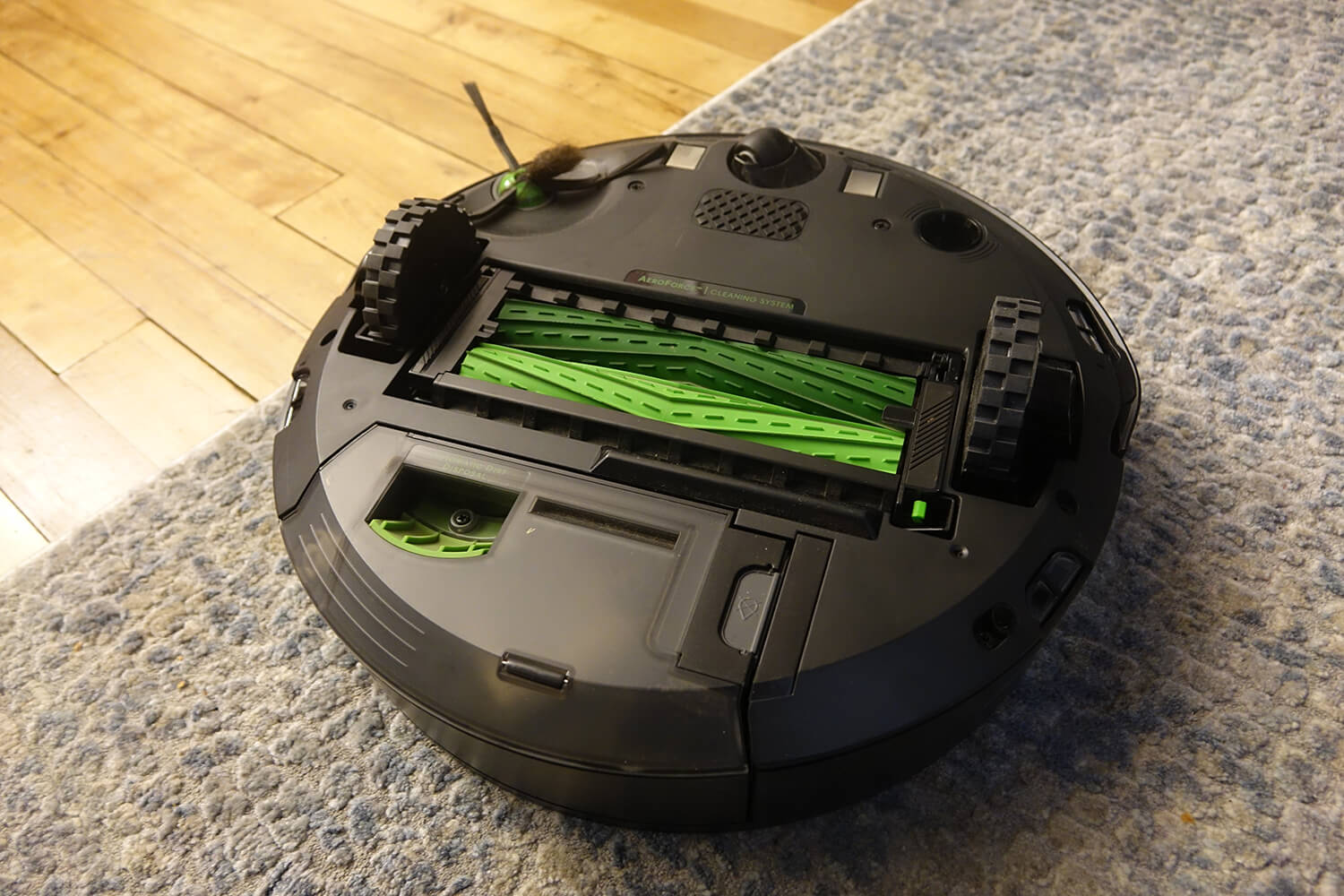 Underside of the iRobot Roomba j7+ robot vacuum