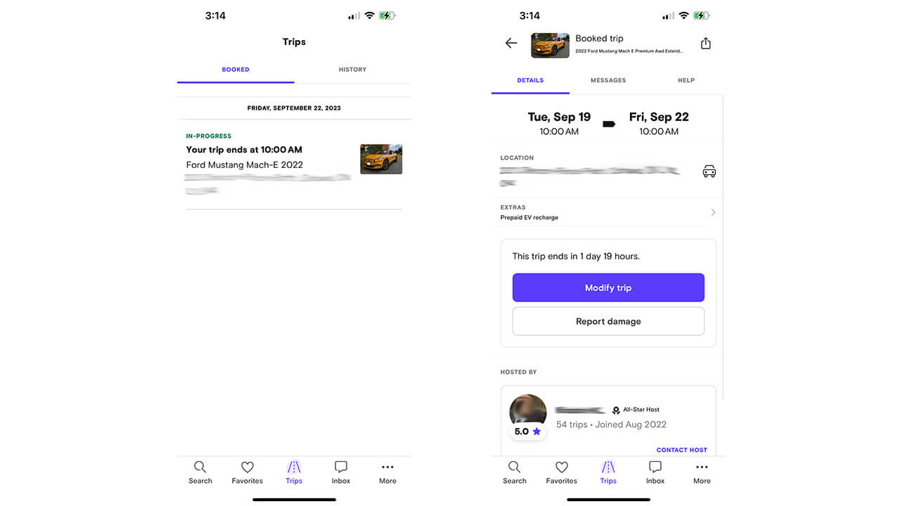 Turo app with trip details