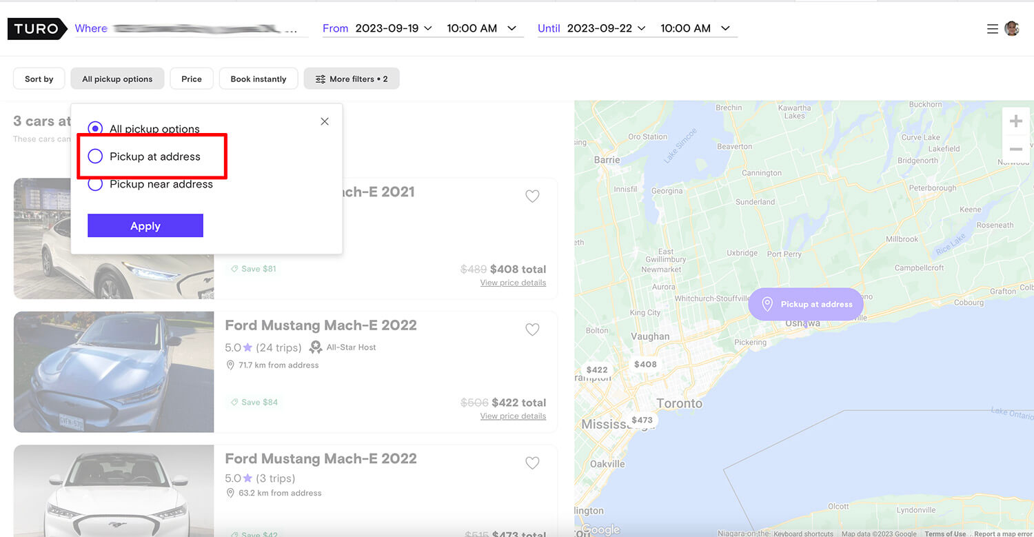 Turo listing with pick up at address selected