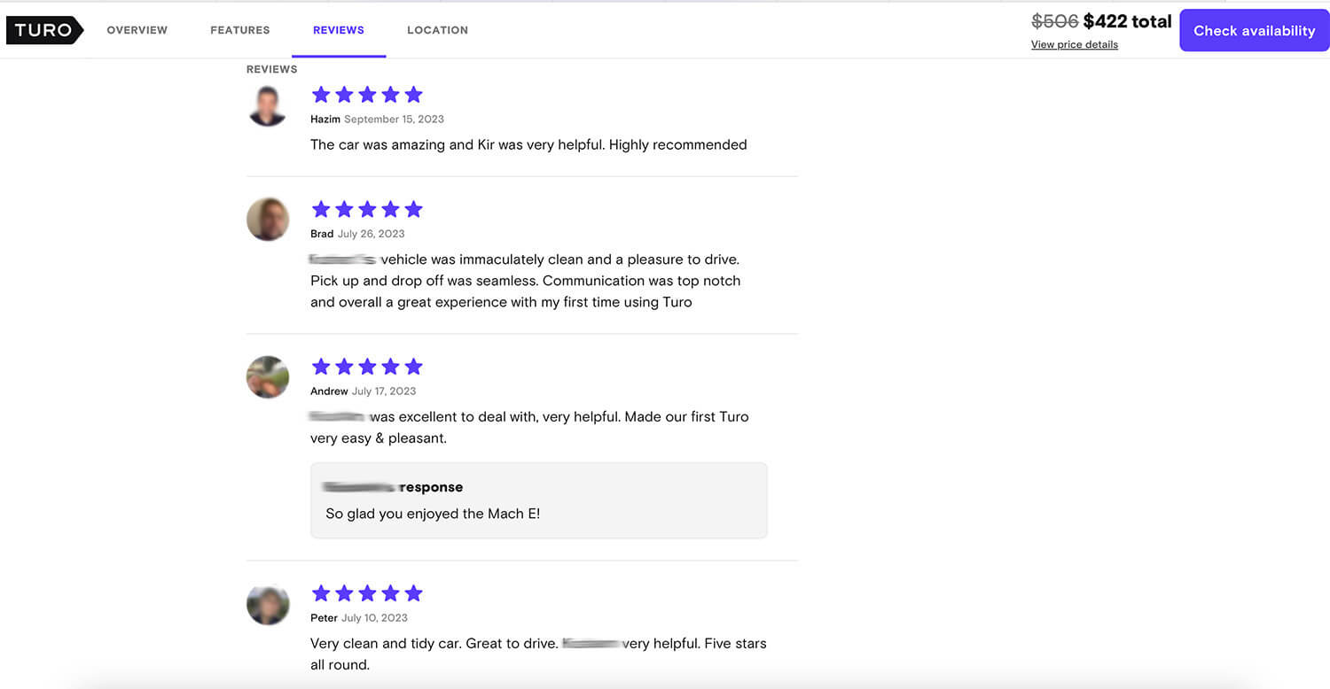 Turo listing reviews