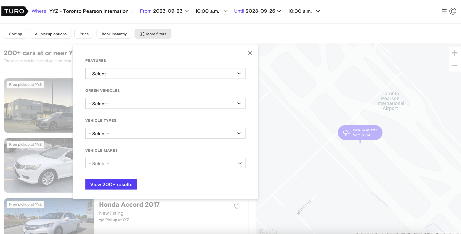 search filters on Turo