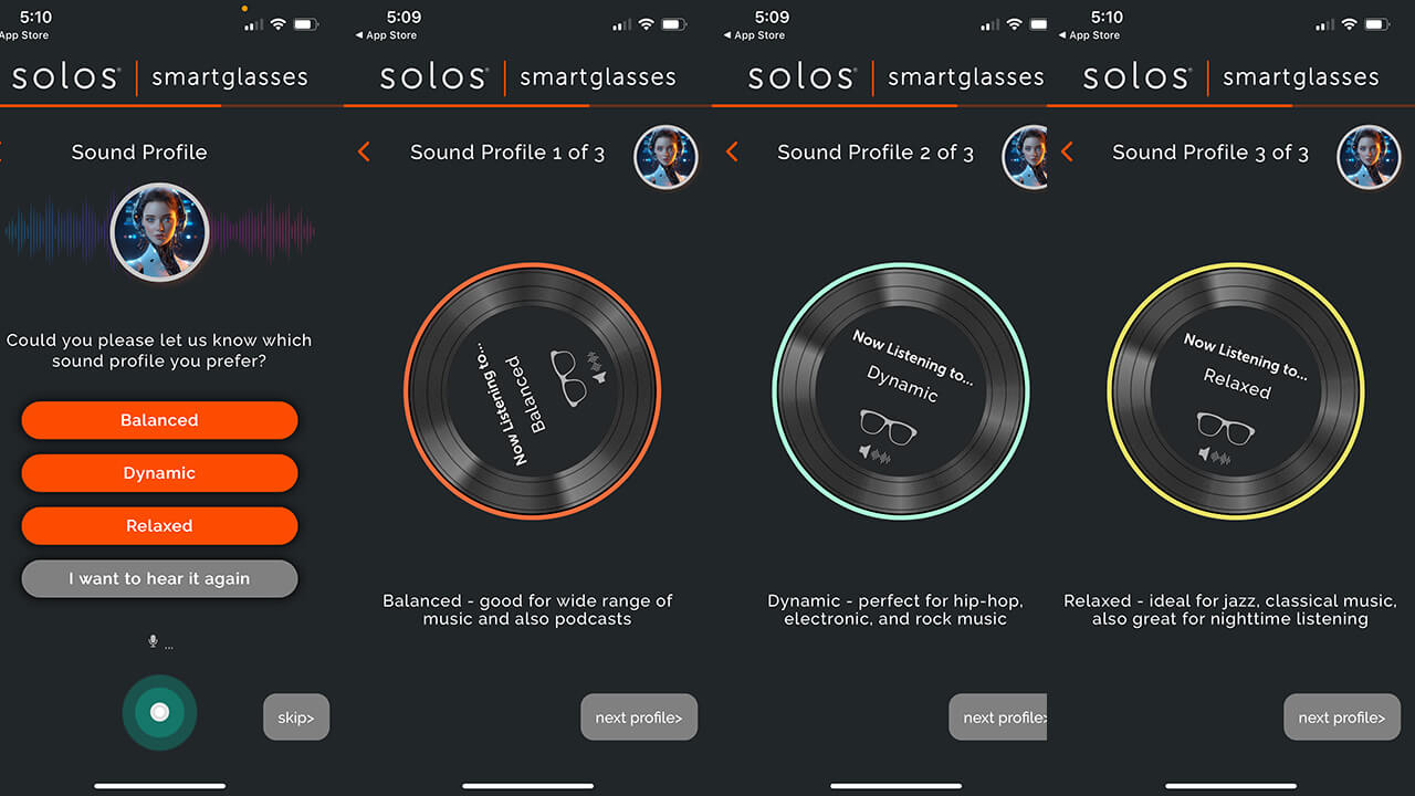 Solos AirGo 3 smart glasses app sound profiles