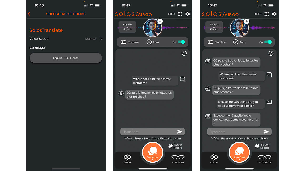 Solos AirGo 3 smart glasses app Live Translate