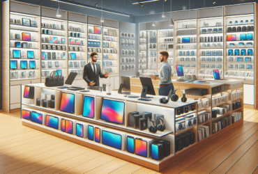 An AI-generated image of a man shopping in an electronics store.