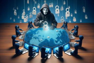 A hacker surrounded by computers and mini hackers