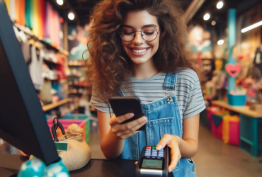 A young woman paying for something by phone.
