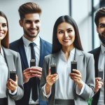 Four people in suits holding large batteries.