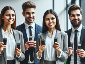 Four people in suits holding large batteries.