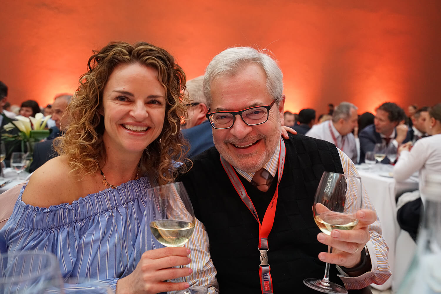Cathy Thomson smiling with Steve Makris
