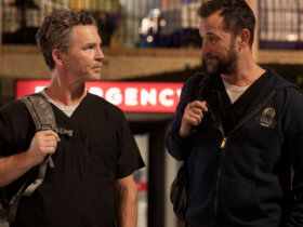 Jack and Robby after their shift in The Pitt.