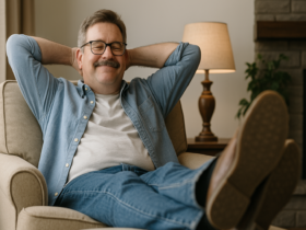 A man lying back on a chair, feet up and hands behind his back.