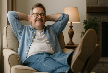 A man lying back on a chair, feet up and hands behind his back.