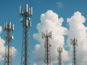 Cell towers with clouds in the background.
