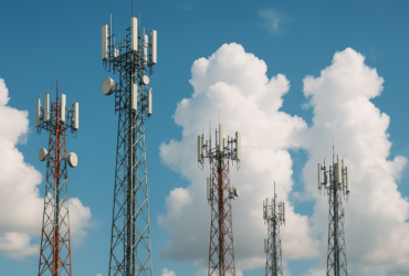 Cell towers with clouds in the background.