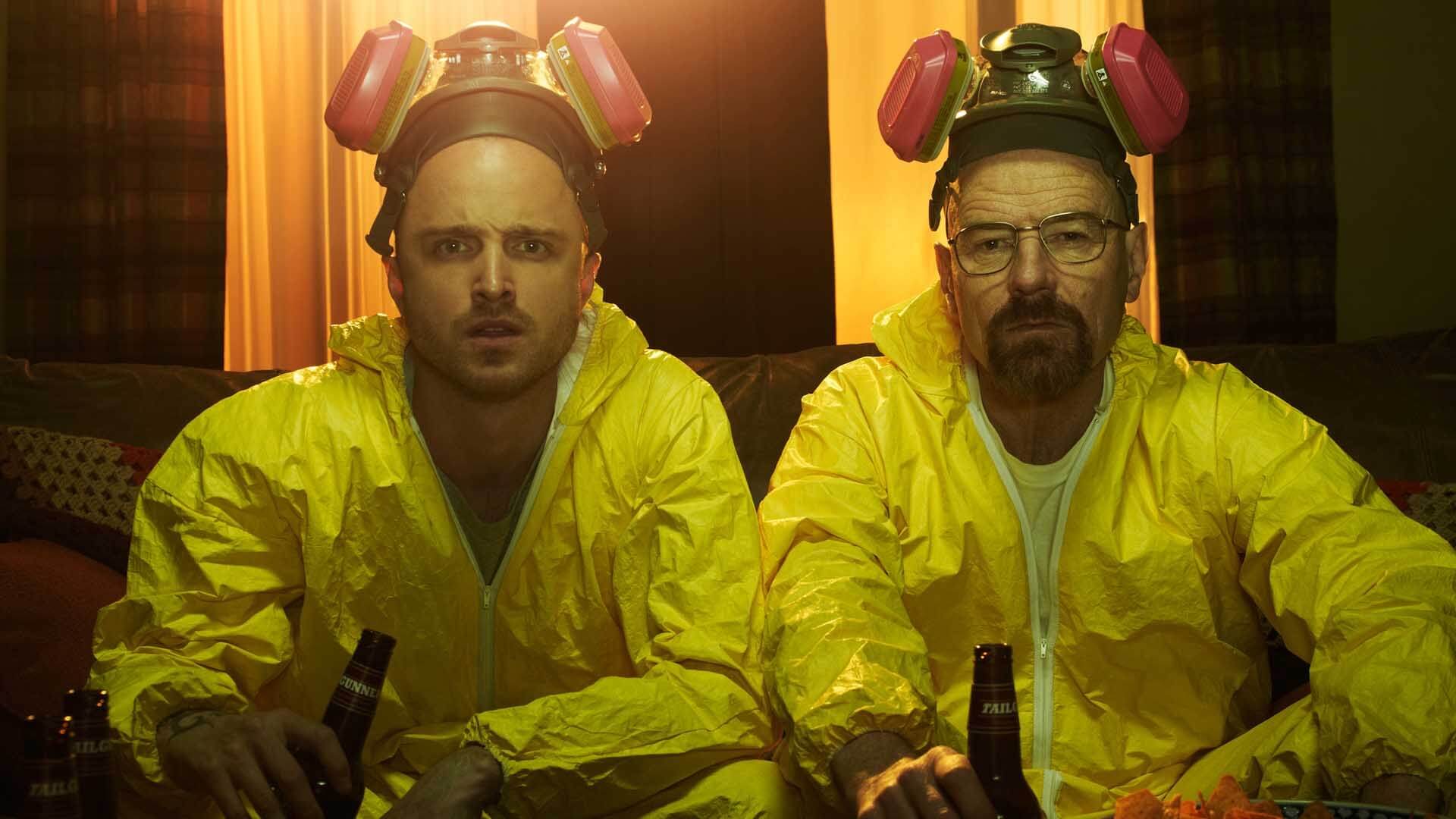 Jesse and Walt in yellow jumpsuits from Breaking Bad.