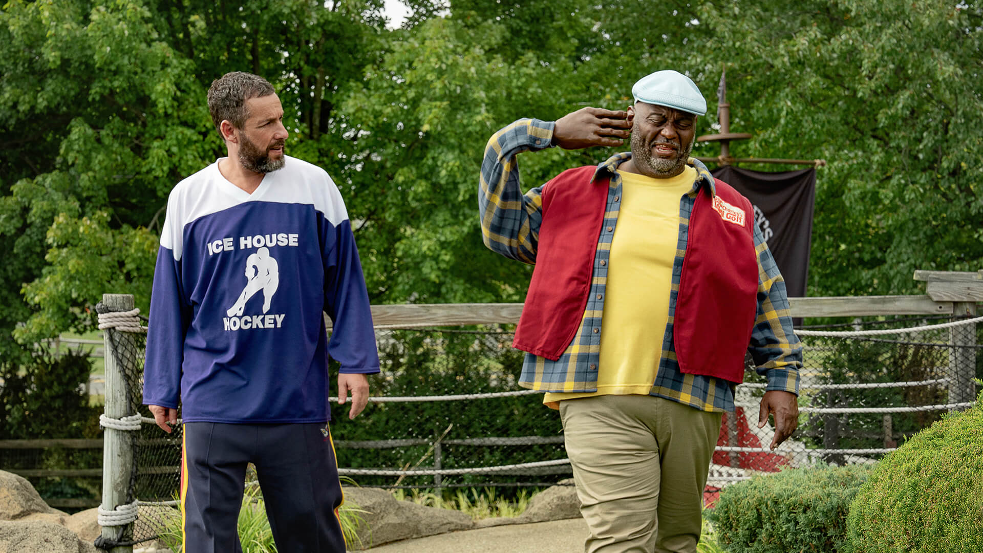 Happy walking with Chubbs' son in Happy Gilmore 2.
