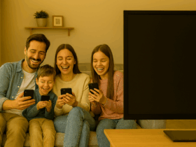 A family of four watching TV while on their phones.