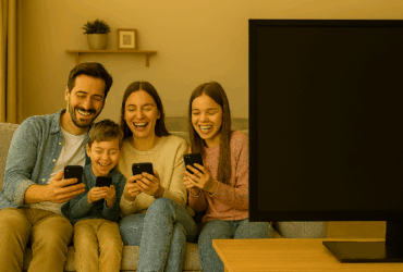 A family of four watching TV while on their phones.