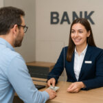 A bank teller helping a customer.