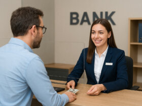 A bank teller helping a customer.