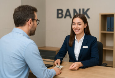 A bank teller helping a customer.