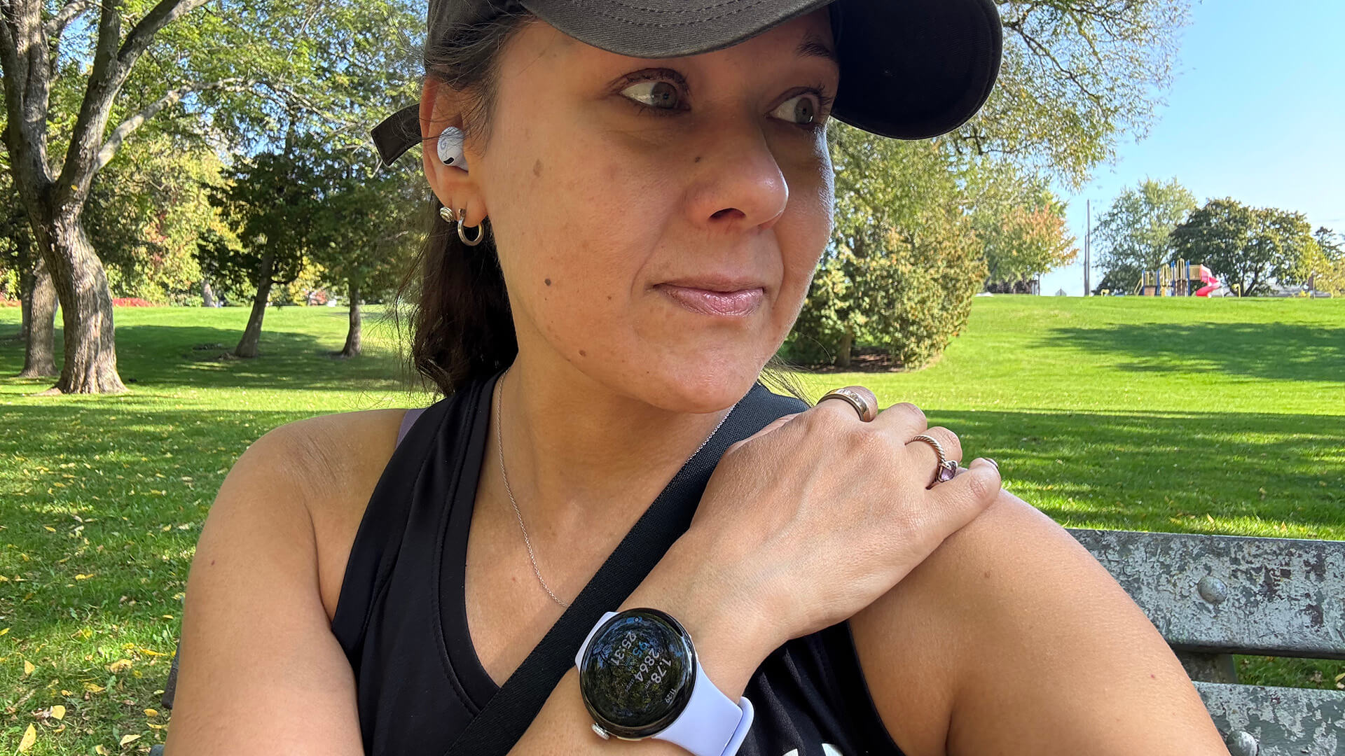 Me with the Google Pixel Watch 4 and Pixel Buds 2a