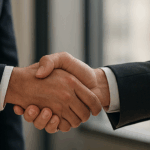 Two men in suits shaking hands.