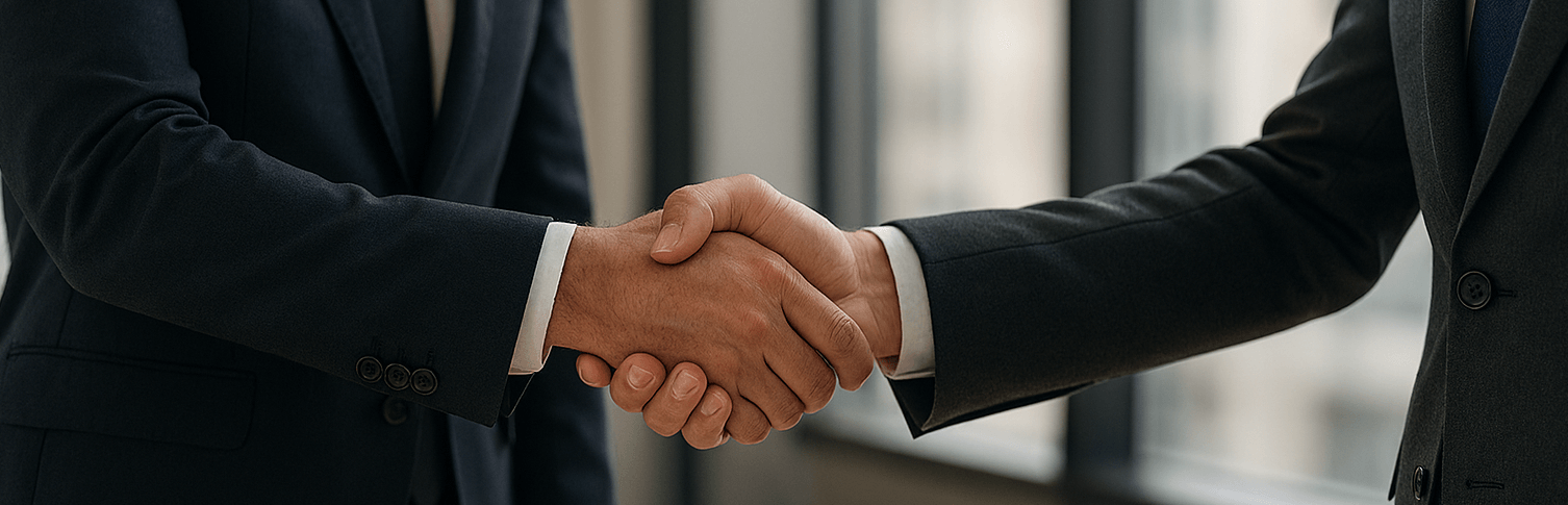 Two men in suits shaking hands.