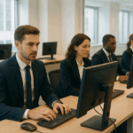 People in suits in an office working behind computers.