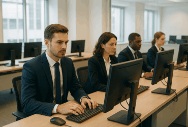 People in suits in an office working behind computers.