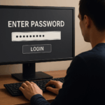 A man behind a computer prompting him to enter a password.