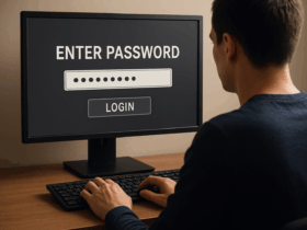 A man behind a computer prompting him to enter a password.