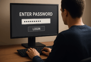 A man behind a computer prompting him to enter a password.