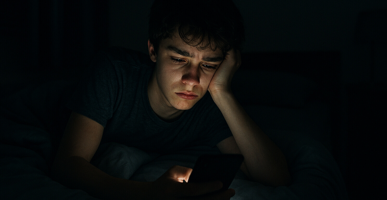A young boy on his phone in the dark looking sad.