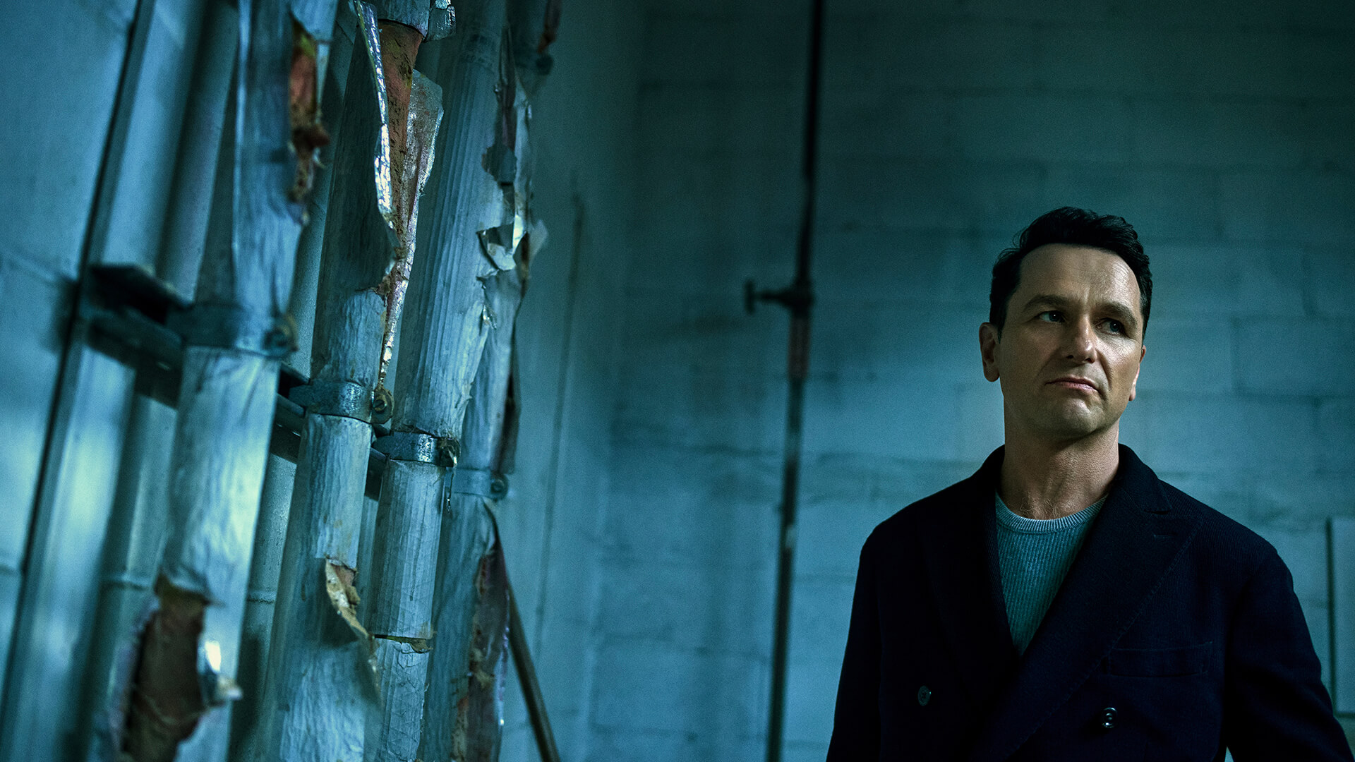 Niles standing in a dark basement in The Beast in Me.