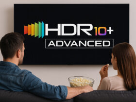 Two people watching TV with the HDR10+ Advanced logo.