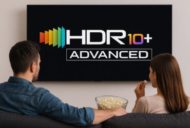 Two people watching TV with the HDR10+ Advanced logo.