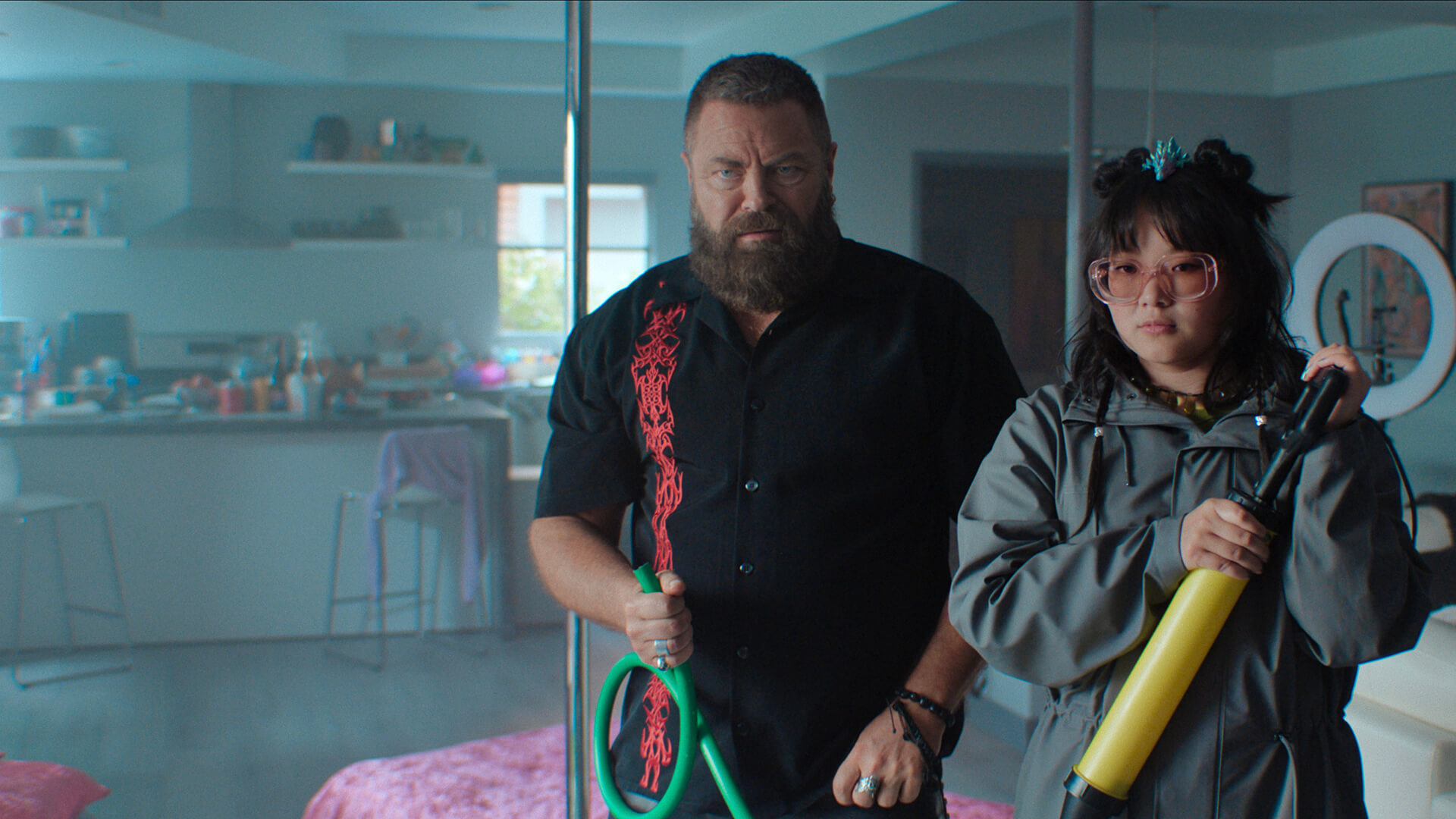 Jinx and Susie holding props in Margo's Got Money Troubles.