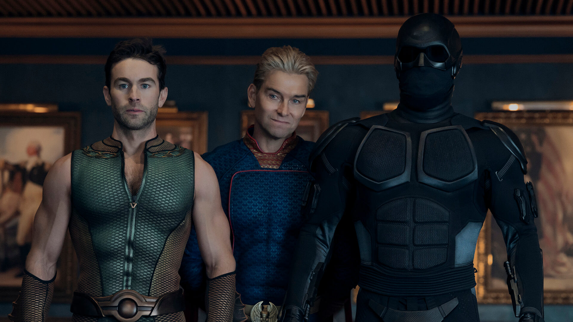 The Deep, Homelander, and Black Noir in The Boys.