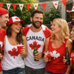A group of people wearing Canada gear at a party.