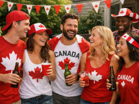 A group of people wearing Canada gear at a party.