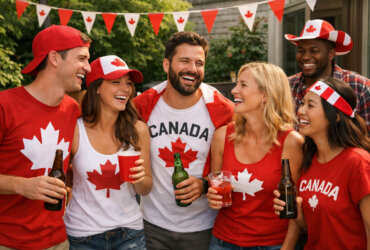 A group of people wearing Canada gear at a party.