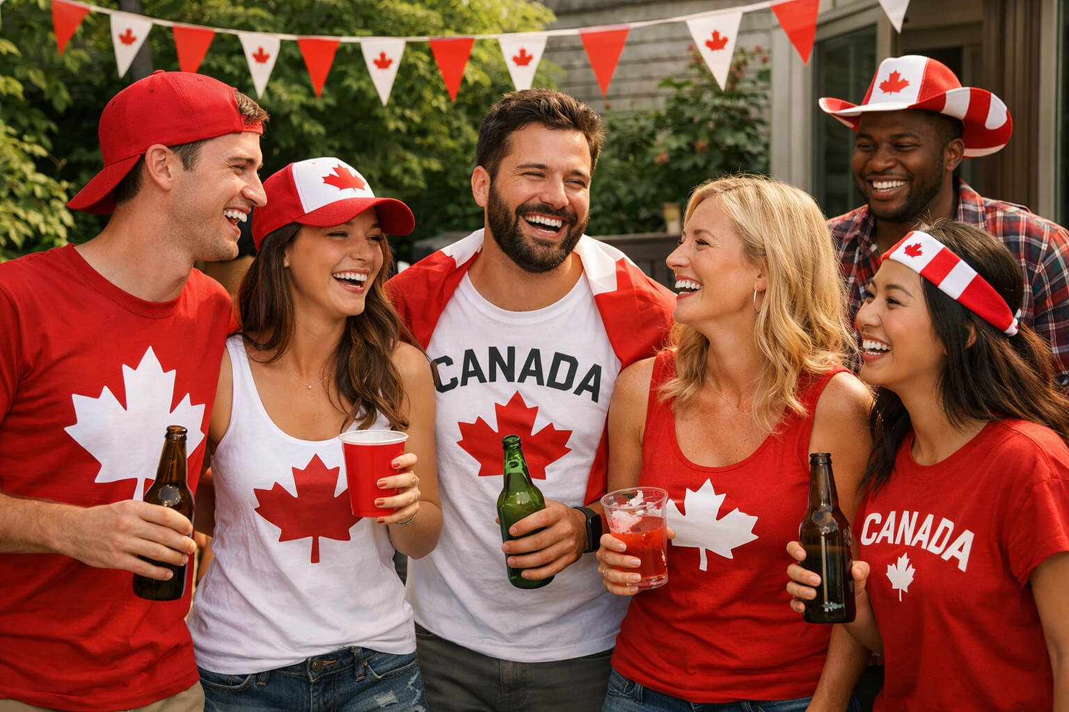A group of people wearing Canada gear at a party.