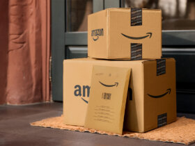 Amazon boxes in front of a door.