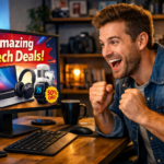 A guy excited looking at tech deals on his computer.