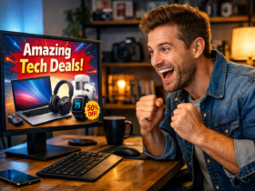 A guy excited looking at tech deals on his computer.