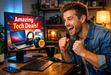 A guy excited looking at tech deals on his computer.